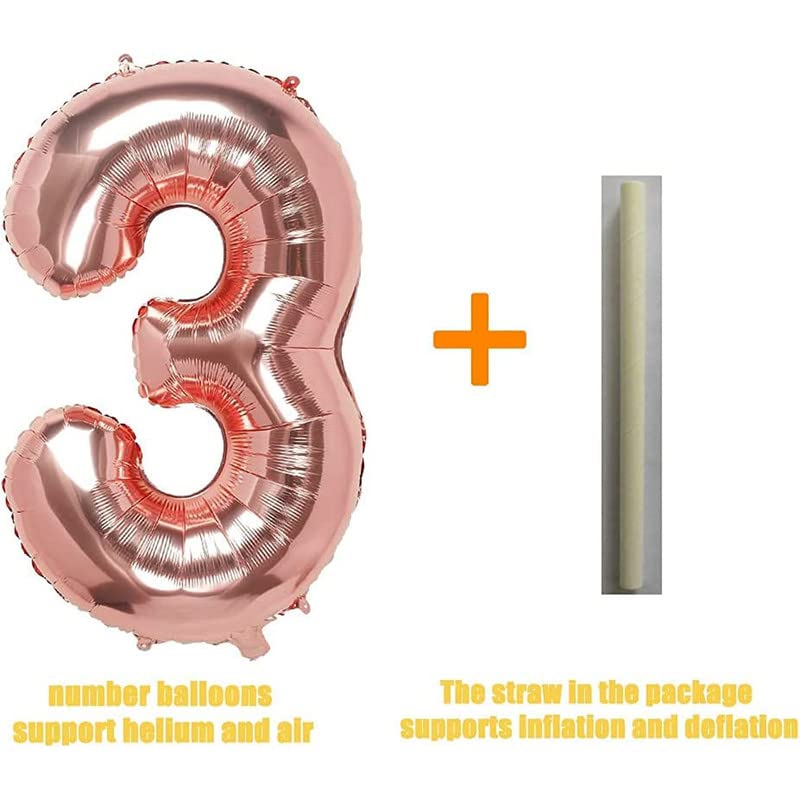 Image of Bubblebells Rose Gold 32 Inches 3 Numbers Shape Large Big Foil Helium Balloons for Party Decorations in Happy Birthday Anniversary Office Items Materials Set Pack