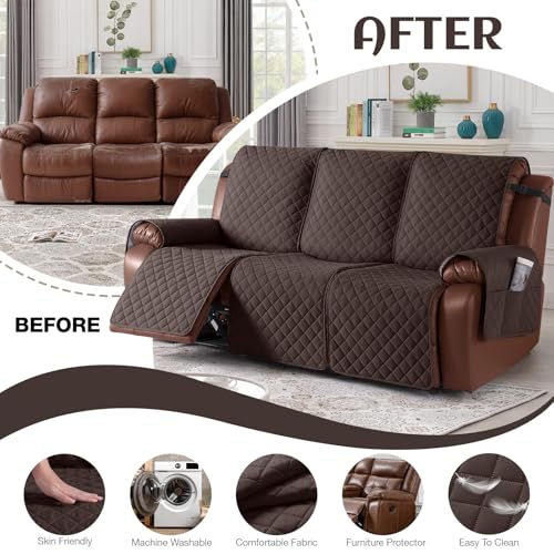 Image of KinCam Waterproof Recliner Sofa Cover, Non-Slip Reclining Couch Covers for 3 Seat, Recliner Couch Cover Furniture Protector with Elastic Straps for Pets, Kids, Chocolate