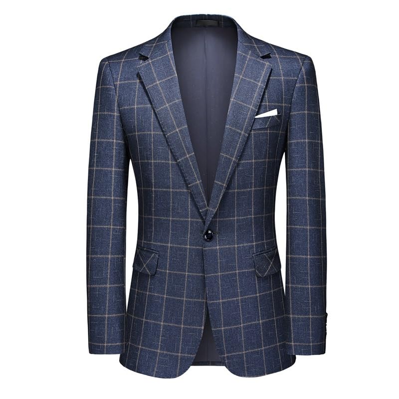 Mens Blue Plaid One Button Casual Sport Coats Suit Jacket with Pockets, Pocket Square