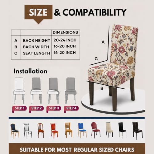Image of Polycotton Printed Dining Table Cloth with Dining Chair Covers,Slipcovers (6 Seater Table Cover + 6 Chair Cover) (Cream Flower)