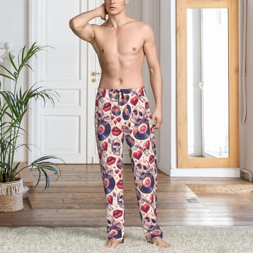 Mens Pajama Pants Bottoms With Pockets- Record Rock Skull Lips Soft Mens Pj Pants, Comfy Men Lounge Pants2