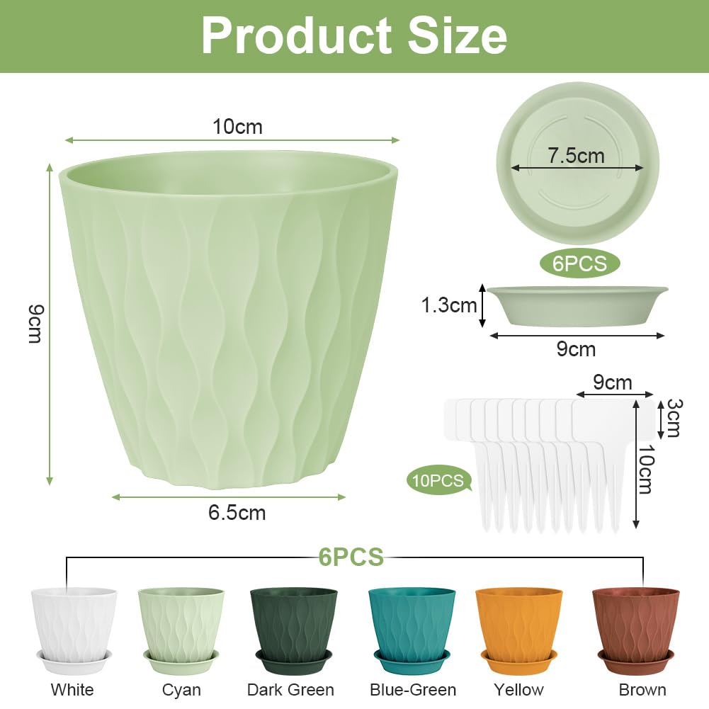 vsshe Macetero con Plato, 6pcs Maceta Redonda Clásica de Plástico con Agujeros de Drenaje, 9cm Altura x 10cm Diámetro Superior x 6.5cm Diámetro Base, Apto balcón, Patio, Interior/Exterior（6 Colores） — view 2