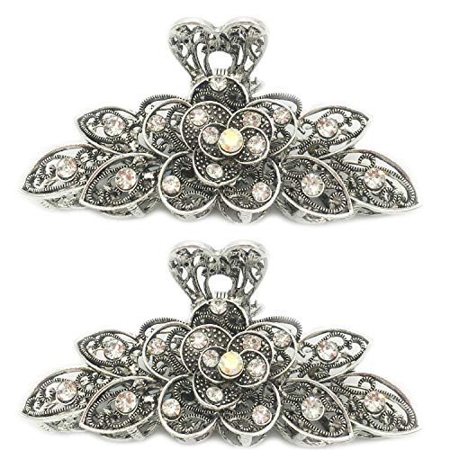 2 Pcs Women Retro Chic Rhinestone Alloy Fancy Hair Claw Jaw Clips Pins -Vintage Flowers Hair Catch Updo Grip Hair Accessories for Thick Hair（White Diamond）