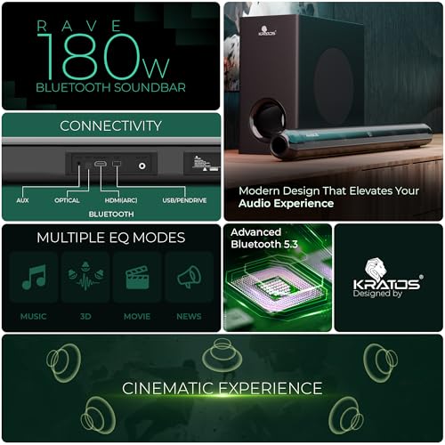 Image of Kratos 180W Sound Bar with 2.1 CH Wired Subwoofer|Perfect for Home Theatre & TV|Deep Bass from 5.25 inch Subwoofer|Bluetooth, HDMI, Optical, AUX, USB|4 Equalizer Modes|LED Display|Wall & Table Mount