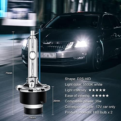 D2S Xenon Bulbs 35W 5500K HID kit Car Headlights Replacement for Halogen or LED Exterior Headlamp Bulbs Diamond White (Pack of 2)