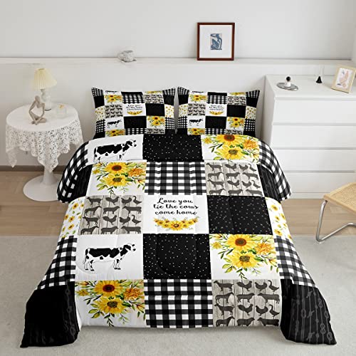 Cow Print Comforter Set Grids Stripe Patchwork Pattern Quilted Duvet Nature Sunflower Bedding Boys Teens Girls Starry Sky Down Comforter Wild Animal Western Farmhouse Highland Cattle Cow Bed