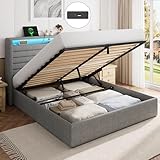 FEONASE Bett 140x200 mit Stauraum, Polsterbett 140x200 cm mit LED-Beleuchtung & Ladestation, Bettgestell mit Hydraulischem und Leinen Kopfteil Stauraum, Lattenrost, Ohne Matratze, Hellgrau