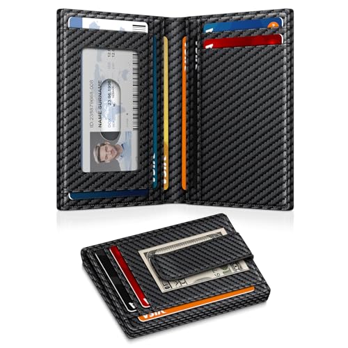 Image of Wallet for Men 14-16 Cards, Men's Leather Wallet, Minimalist Thin Card Holder RFID Blocking Money Clip with Simplified Bill Folder & Magnetic Closure, Gifts for Men, Carbon Fiber
