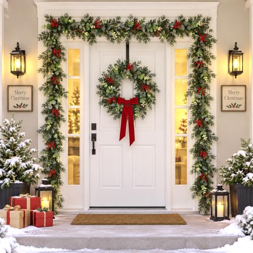 Weihnachtsgirlande 1,8 m Tannengirlande künstlich, Kieferngirlande mit Eukalyptus Optik und roten Beeren… – Ansicht 5