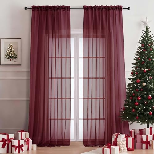 Image of OVZME Wine Bedroom Curtains 96 Length for Farmhouse, 59 Inch Extra Wide Light Filtering Voile Drapes Light Airy Window Decor for Patio Door Living Room Bedroom Dining, 59Wx96L Inches