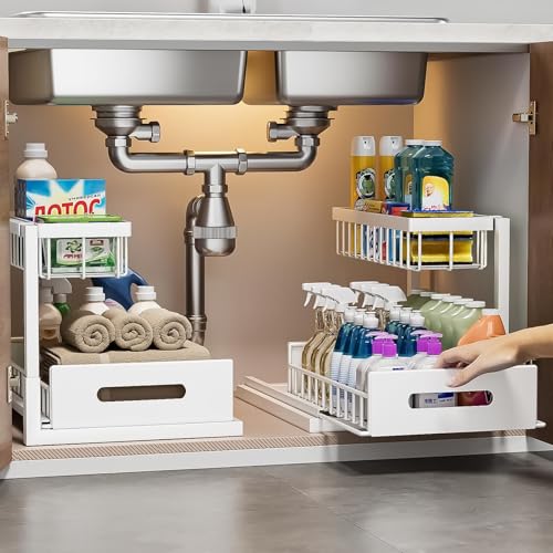 Under Sink Organizer 2 Pack Pull Out Under Cabinet Storage 2-Tier Metal Slide Out Sink Organizer for Kitchen & Bathroom Height Adjustable Easy Installation