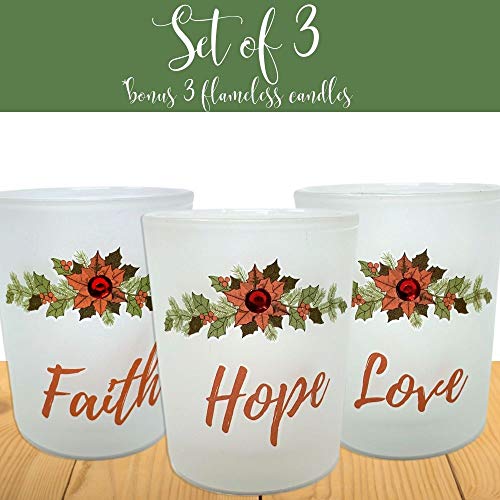 Faith, Hope And Love Candle Holders With Led Tealight Candles Set Of 3 Frosted Glass Votive Holders With Red Christmas Poinsettia Design #TOP1