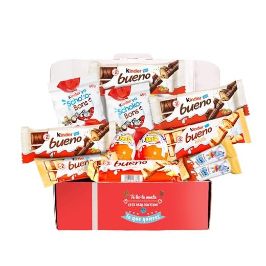 Caja regalo de chocolates original para cumpleaños navidad niños pareja : Kinder Bueno Chocolate y Blanco, Happy Hippo, Kinder Maxi, Delice, Kinder Joy o Sorpresa I Caja resistente