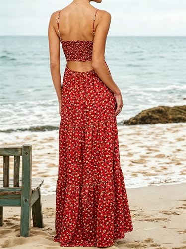 Image of Womens Summer Floral Spaghetti Strap Backless Low Cut Smocked Milkmaid Flowy Beach Sundresses