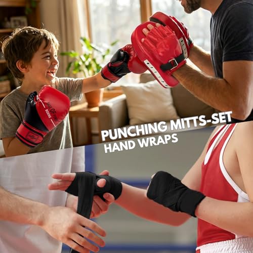 PARPIQ 3-in-1 Boxing Gloves and Punching Mitts Set for Kids, Boxing Mitts Focus Pads with Hand Wraps for Kid, Youth Leather Punching Equipment Gloves Set for MMA, Karate, Muay Thai, Taekwondo