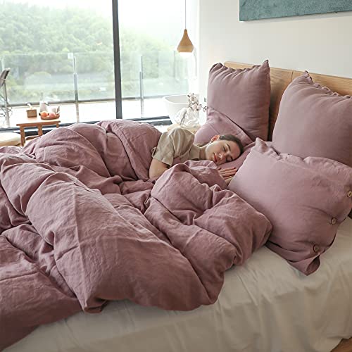 Simple&Opulence 100% Linen Duvet Cover Set 3pcs with Coconut Button Closure Natural French Washed Flax Solid Color Soft Breathable Farmhouse Bedding - Purple, King Size