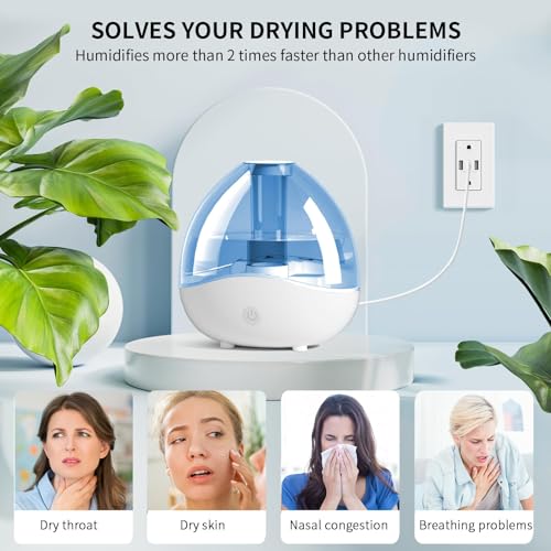Ultrasonic Cool Mist Humidifier, Quiet Air Humidifiers for Bedroom, Desk Humidifiers with Removable 1.5L Water Tank & Night Light for Baby Nursery and Plants, Up To 24 Hours- Blue