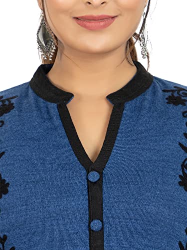 Image of Rosary Women's Winter Wear Embroidered Warm Woolen Straight Full Sleeve Kurti with Pockets Airforce Blue