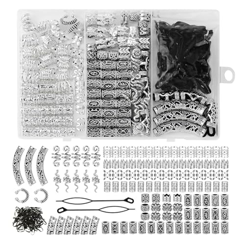 Bartperlen Wikinger Haarperlen 219 Stück Dreadlocks Schmuck Nordische Haarschlauch Perlen Dreadlocks Dekoration Loc Haarschmuck für Haar Bart Schmuck DIY Halskette Anhänger