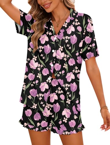 Image of SWOMOG Woman Pajama Set Short Sleeve Pjs Set 2Pcs Short Pajamas Button Down Ruffle Hem Sleepwear Soft Modal Loungewear