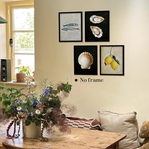 Image of WEFKODO Vintage Beach Shell Sardine Lemon Wall Art Painting Picture Prints, Coastal Room Beach Wall Decor Posters 4Pcs, Beachy Decor for Home Living Room Bathroom Farmhouse, 8x10 Unframed