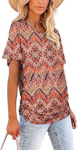 Image of WIHOLL Womens Summer T-Shirts Short Sleeve V Neck Dolman Tops with Side Shirring Loose Fit Shirts Spring Fashion