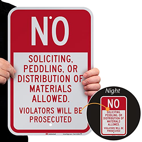 SmartSign 3M Engineer Grade odblaskowy znak, legenda "No Soliciting Peddling Distribution of Materials", 45 cm wysokości x 30 cm szerokości, czerwony na białym
