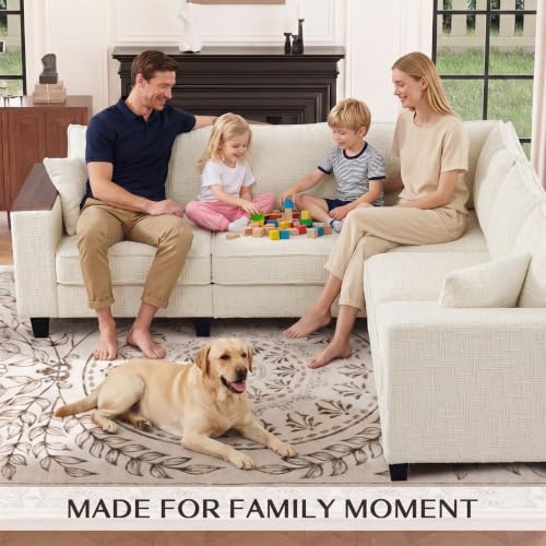 Image of 97 inch L Shaped Couch, 5 Seat Corner Couch with Storage Armrest & 2 Pillows, Convertible V Shaped Sectional Couch, Chenille L Shaped Sectional Couch, Beige Sectional Couches for Living Room