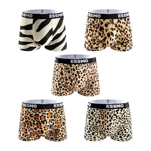 Mens Boxer Briefs Regular Long Casual 4 Way Stretch Leopard Print Soft Underwear for Men 5 Pack