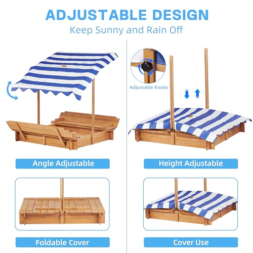 Kids Sandbox with Adjustable Cover and Foldable Bench Seats, 46''x46'' Outdoor Wooden Sandpit for Backyard Play