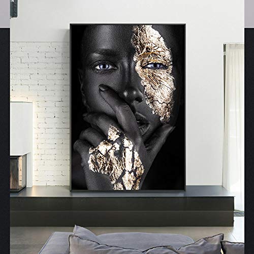 Toile abstraite femme africaine avec cadre interieur bois decoration murale de salon 60x92cm