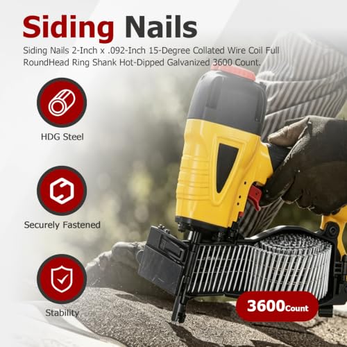 Image of Siding Nails 2-Inch x .092-Inch 15-Degree Collated Wire Coil Full RoundHead Ring Shank Hot-Dipped Galvanized 3600 Count. Adapted to Gun Type CN57 /CN65 /CN70.