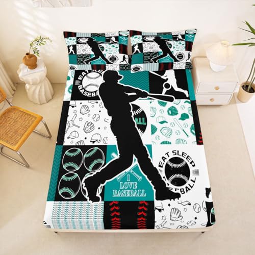 Image of Castle Fairy Baseball Player Fitted Sheet Set Full Size 4 Pcs,Patchwork Baseball Teens Sheets,Sports Geometric Grid Green Bedding Sets (1 Fitted,1 Flat,2 Pillowcases)