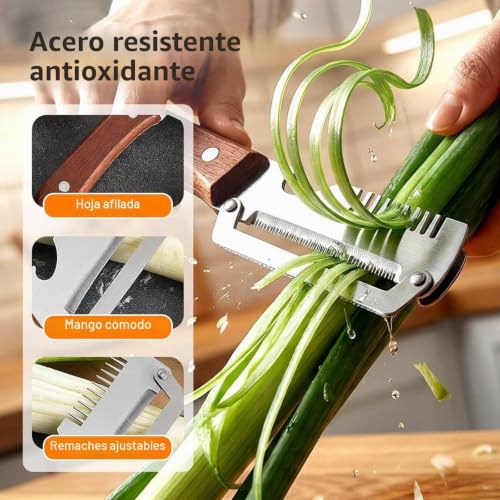 Miniatura 6 de Juego De 2 Peladores De Verduras Multifuncionales, Pelador De Madera 3 En 1, Pelador Con Rallador Para Juliana Y Abrebotellas, Utensilio De Cocina Ergonómico De Acero Inoxidable