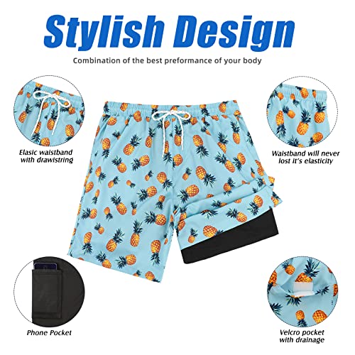 Image of American Trends Mens Swim Trunks Compression Lined Swim Shorts for Outdoor Bathing Suit Shorts, Pineapple Light Blue, Medium