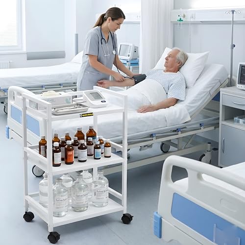 Image of Premium 3-Tier Metal Hospital Trolley with 4 Smooth Castor Wheels | Medical Instrument & Surgical Equipment Cart for Clinics, OT, Doctors & Hospitals (White)