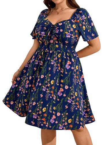 Image of RWJ Women Plus Size Summer Dress Short Sleeve Tie Front Sweetheart Neck Casual Mini Wedding Guest Dresses 2025