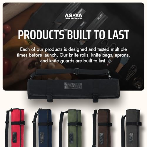 Asaya Waxed Canvas Chef Knife Roll Bag with 10 Slots and a Zipper Pocket - Professional Chef Knife Bag & Storage Case, with Shoulder Strap - Knives Not Included (Black) by Asaya - Used condition - Image 6