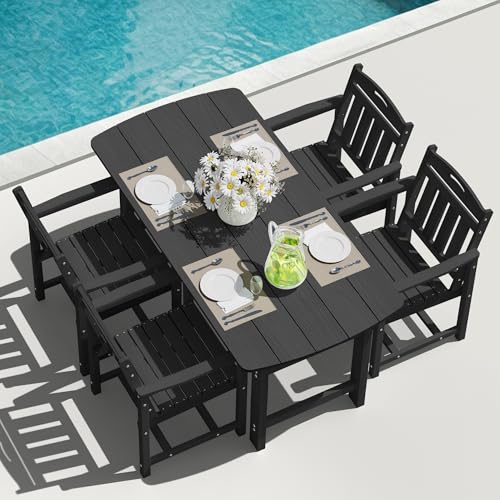 Image of HDPE Outdoor Patio Dining Set with Table & 4 Chairs, All-Weather 5-Piece Outdoor Table and Chairs, 2 inch Umbrella Hole, Patio Furniture for Garden, Backyard, Deck | Matte Black