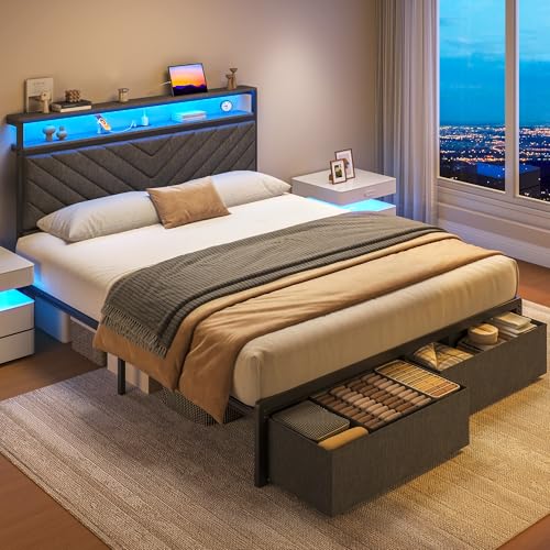Queen Bed Frame with 2 Drawers, Upholstered Headboard with Storage and Charging Station, LED Lights, Fabric Drawers with Wheels, Under Bed Storage, No Box Spring Needed, Easy Assembly, Grey - Image 7