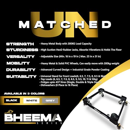 Image of Bheema Series Washing Machine Stand, for Front & Top Load, Fridge & Dishwasher, 200kg Load Capacity (Heavy Duty Metal), Adjustable Size, Anti-Rust Coating, Anti Vibration Trolley with Wheels