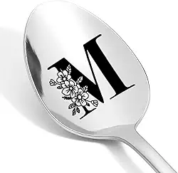 Colher gravada com letra M inicial para mulheres, meninas, monograma, presente para mãe, filha, avó, amiga, aniversário, Natal