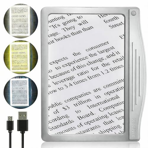 MagniPros 5X [Rechargeable] Large Ultra Bright LED Page Magnifier with Anti-Glare Lens & 3 Stepless...