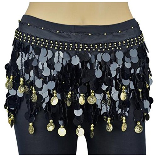 Image of VRITRAZ Women's Chiffon Belly Dance Hip Scarf Waistband Belt Skirt Mixed Colors Beads and Golded Coins 56 Black