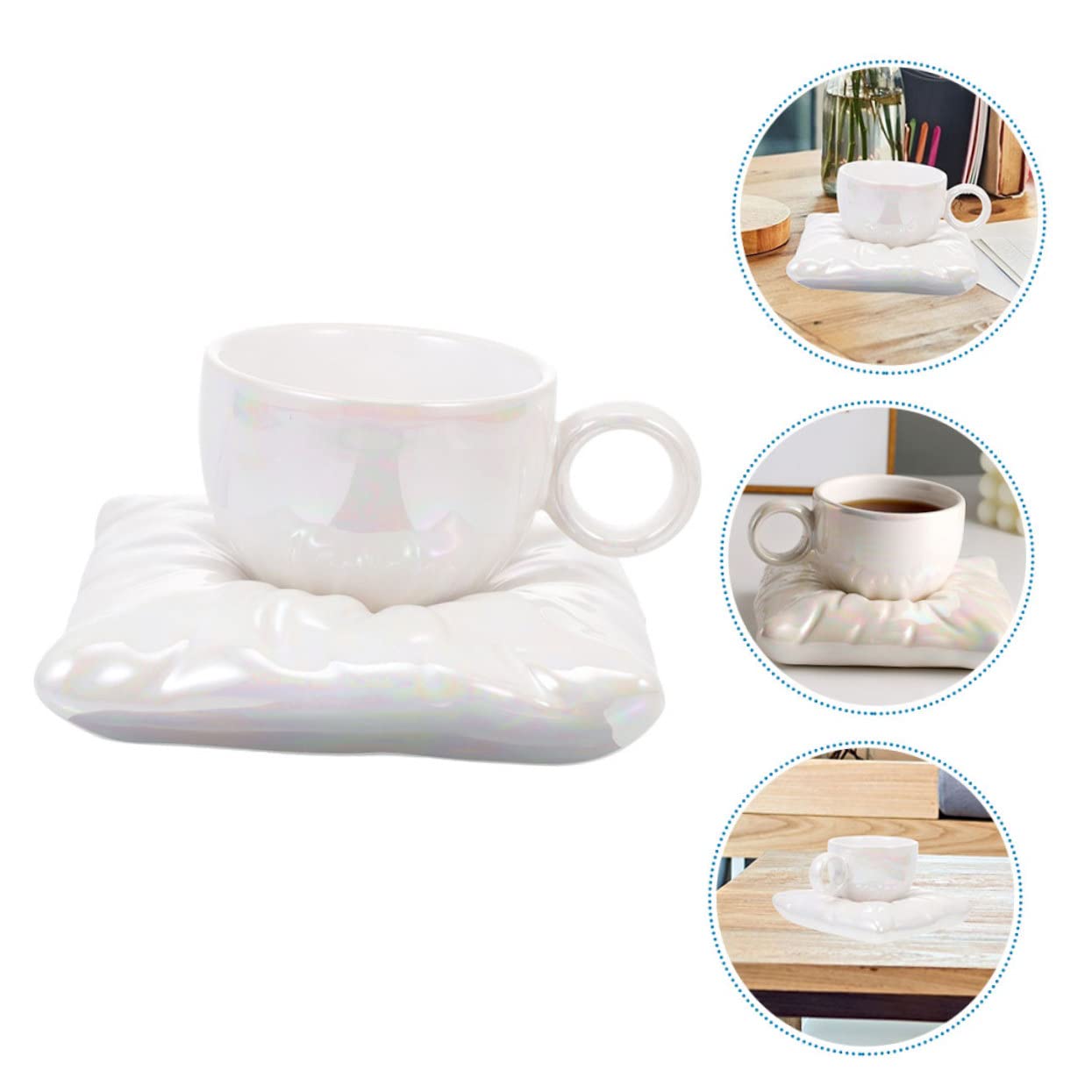 IMIKEYA Taza de Café Doméstica 200ml de Cerámica con Bandeja | Color Blanco, Forma de Almohada, Uso Diario y Mesa de Café, Incluye Posavasos