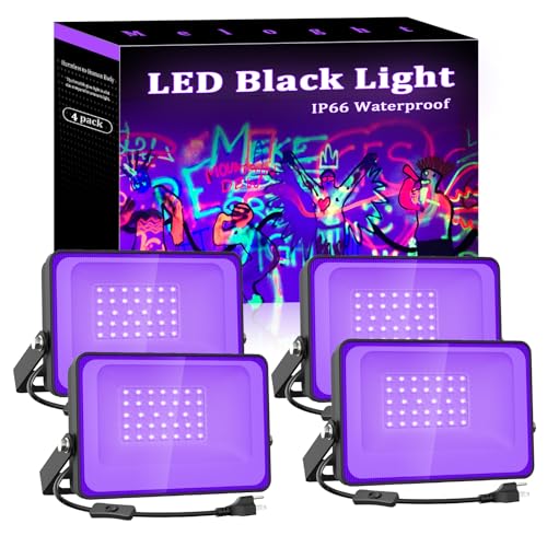 Meloght 30W LED Black Light, 35 LEDs Blacklight Flood Light with Plug and Switch, Light Up 200sq.ft, IP66 Waterproof LED Glow Lights for Party, Halloween, Bedroom, Stage Lighting, Poster, 4 Pack