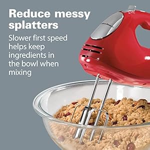 Hamilton beach 6 speed electric hand mixer with whisk traditional beaters dough hooks snap on storage case 275 watts red  urban country home decor