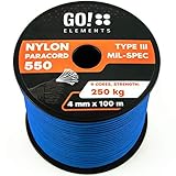 GO!elements 100m Paracorde en Ficelle Nylon - 4mm Paracorde 550 Typ III Corde - approprié en Fil de Peche Nylon, Filet éthologique, etc. | Max. 250kg, Couleur:Bleu