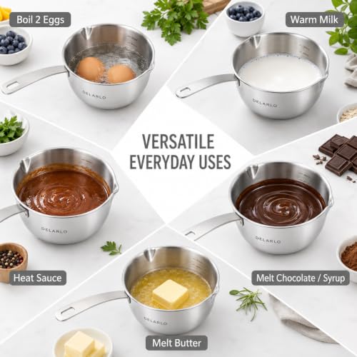 Image of DELARLO Tri-Ply Stainless Steel Small Stainless Steel Pot with Pour Spout | Mini Sauce Pan for cooking, for Butter Melting, Chocolate, Milk, Induction Compatible, Small Pot with Lid