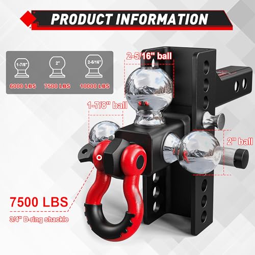 Image of TYT Adjustable Tri-Ball Trailer Hitch for 2 inch Receiver, 4.5 inch Drop /Rise, Triple Balls (1-7 /8 inch, 2 inch, 2-5 /16 inch) with Shackle, 10,000 lbs GTW, 1,000 lbs TW,Pin Lock & Hitch Tightener